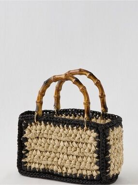 Aerie Straw Trim Crochet Mini Bag natural beige, bamboo-style top handles. NWT